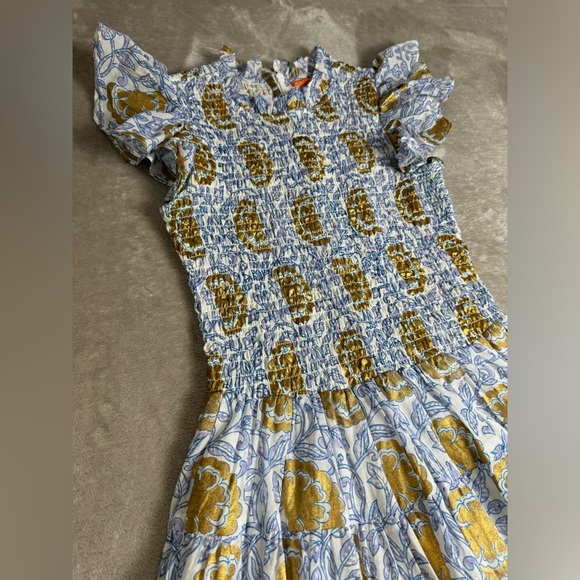 OLIPHANT Smocked Vine Blue Flirty Short Dress Small High Neck Ruffle Cotton - Picture 5 of 14